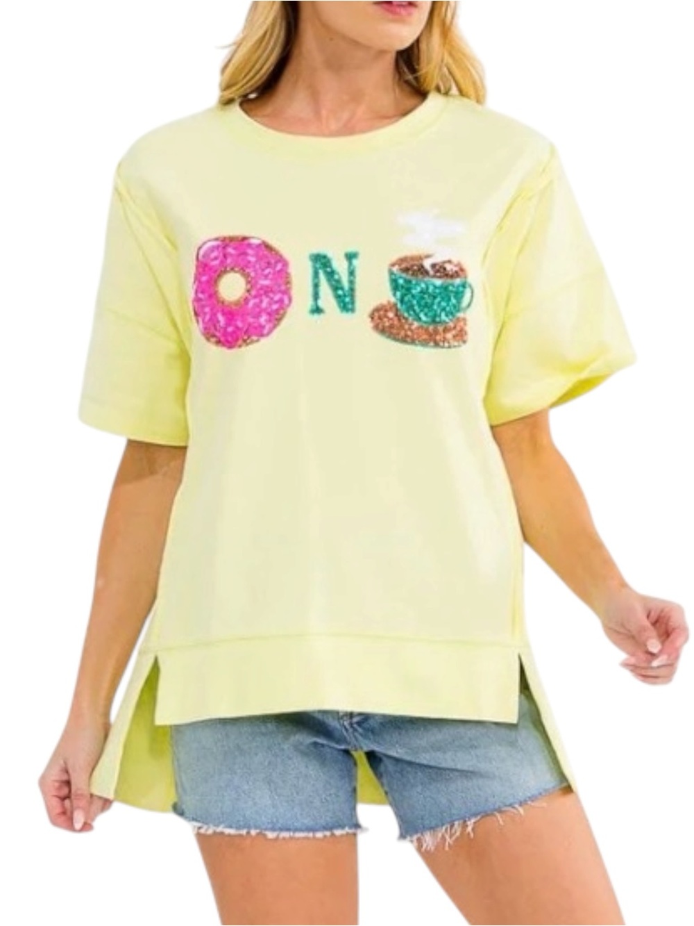 7062. Fantastic Fawn-Sunny Yellow Sequin Donut & Coffee Graphic Tee